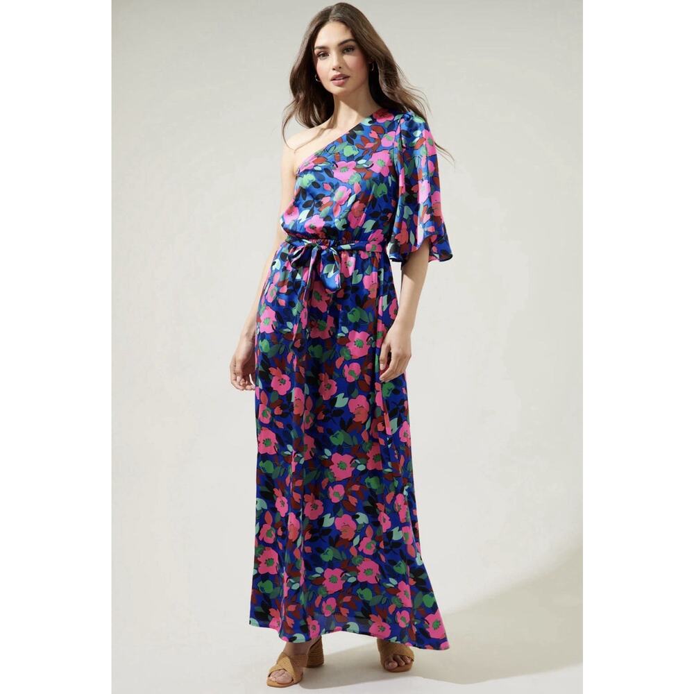 Sugarlips Woman’s Vivi Berry Meara One Shoulder Satin Maxi Dress Size S NWT